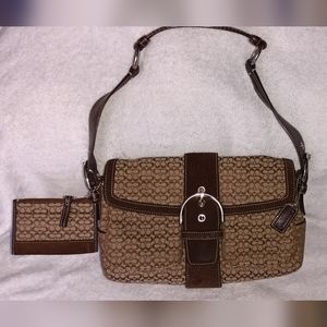 COACH Brown Leather Signature C Soho Shoulder Handbag with matching wristlet